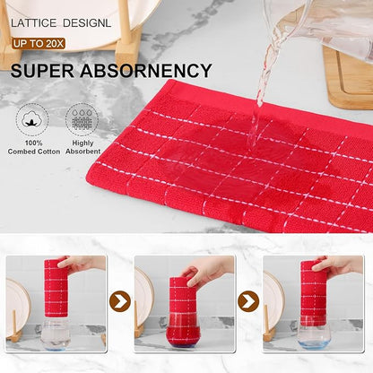 Mordimy 100% Cotton Terry Cloth Kitchen Towels, Super Soft and Absorbent Dish Towels for Drying, Checkered Designed Hand Towels for Kitchen, 16 x 26 Inches, 8 Pack, Red