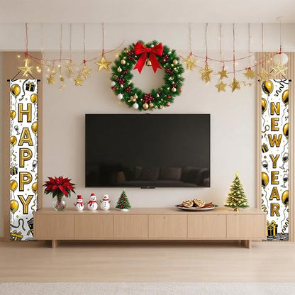 Nuxovilar Happy New Year Banner, 70.86" x 11.81" Black Gold Champagne Glass Hanging Decorations for Outdoor Indoor Home Wall