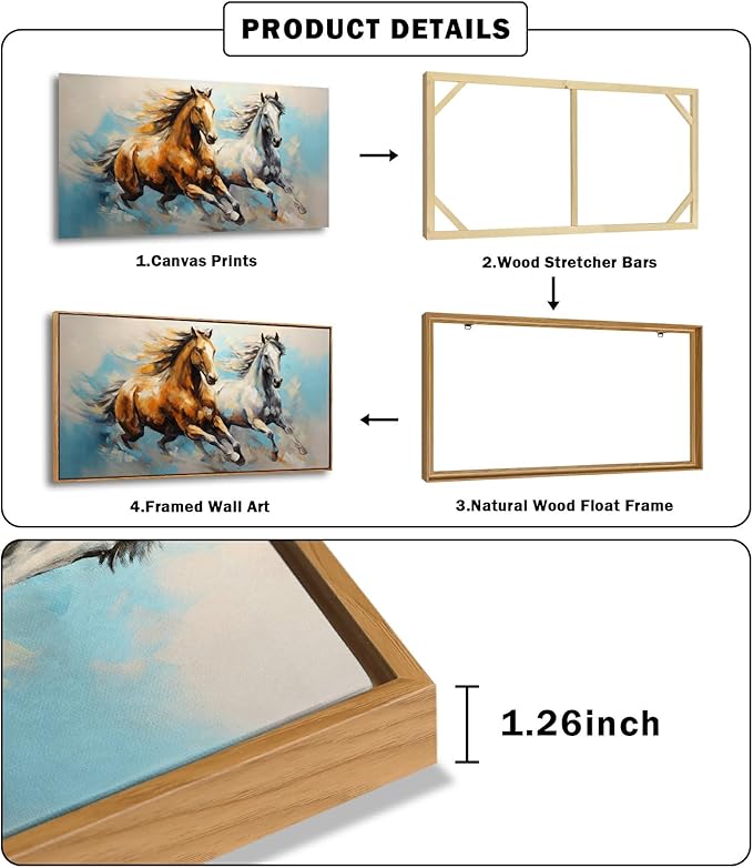 YYYYHPP WKYP2275 Wall Art Horses Pictures Canvas Wall Art Wood Framed Canvas Prints Painting Horses Pictures Ready to Hang for Living Room Bedroom Kitchen Home and Office Wall Decor