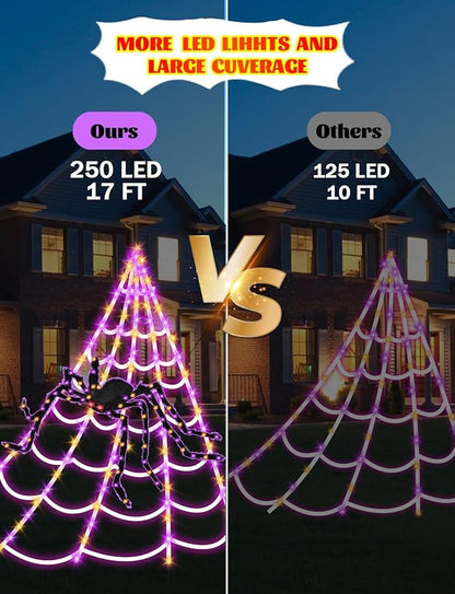 Giant Spider Webs Halloween Decorations - 250 LEDs Outdoor Halloween Decor Lights,16.4FT Net, 4Ft Light-up Spider, 8 Modes,Waterproof & Timer for Yard Porch Garden,Outside Costumes Party (with Spider)