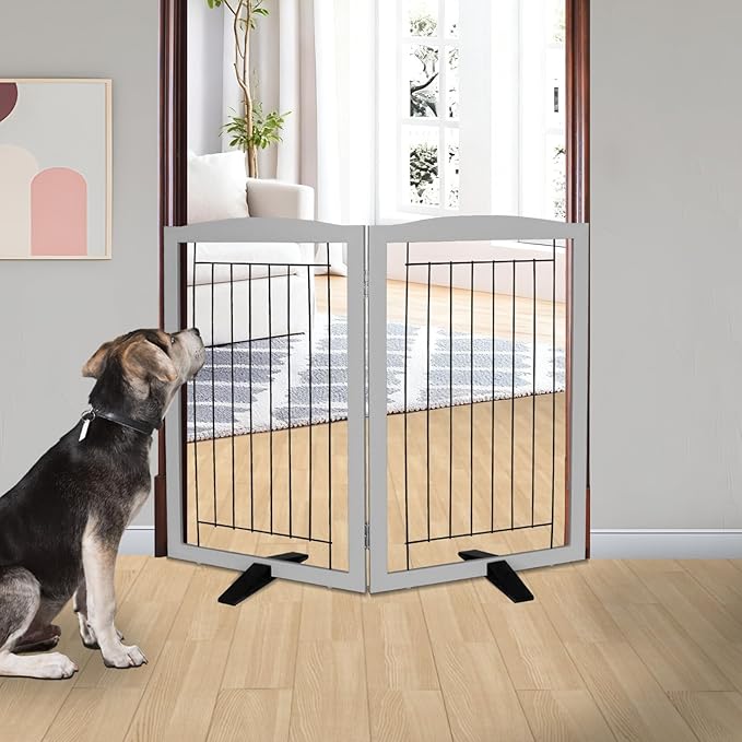 ZJSF Freestanding Dog Fence Indoor, Foldable Dog Gate for Doorways, Stairs or Hallways, Sturdy Wood Extra Wide Pet Gate with Support Feet for The House, Grey, 32 "Height-2 Panels