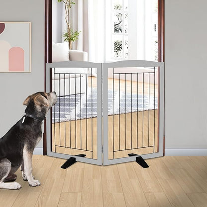 ZJSF Freestanding Dog Fence Indoor, Foldable Dog Gate for Doorways, Stairs or Hallways, Sturdy Wood Extra Wide Pet Gate with Support Feet for The House, Grey, 32 "Height-2 Panels