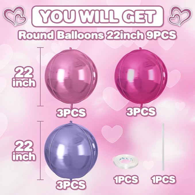 Pink Purple Round Foil Balloons 9 pcs,Metallic Giant 4D Round Balloons 22 Inch for Birthday Baby Shower Wedding Princess Party Decorations