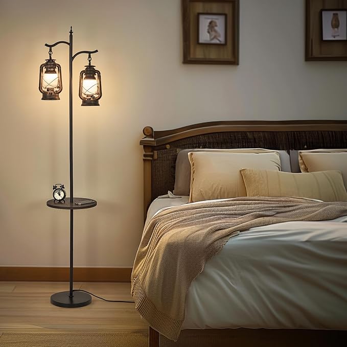 Farmhouse Floor lamp with Table, Double Head Vintage Floor Lantern, Standing lamp for Living Room，Bedroom, Rustic Floor Lamp with Black Brown Finish