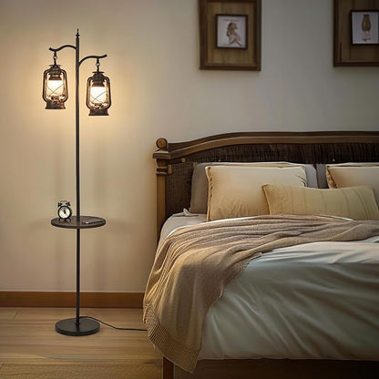 Farmhouse Floor lamp with Table, Double Head Vintage Floor Lantern, Standing lamp for Living Room，Bedroom, Rustic Floor Lamp with Black Brown Finish