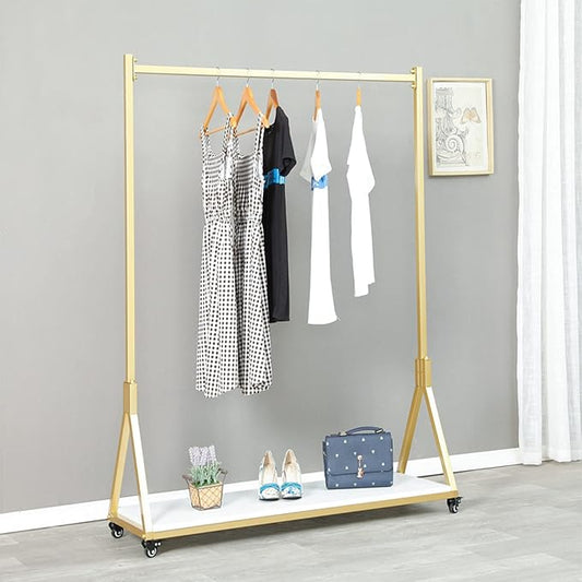 Modern Simple Heavy Duty Metal and Wood Rolling Clothing Garment Rack with Wheel,Creative Commercial Wedding Dress Display Shelf,Floor-Standing Clothes Hangers (Gold with Wood, 47.2" L)