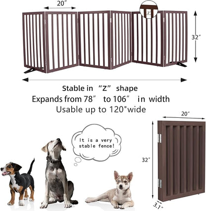 Dog Gate Indoor, Freestanding Dog Fence for The House, Doorways, Hallways,or Stairs,Pet Gate Foldable Wooden,Expandable 32" Height 6 Panels,Brown