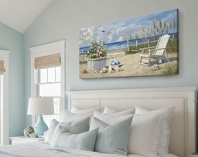 ARTZON Beach Pictures Wall Art – Blue Seascape Extra Large Ocean Scenery Print Floral Decorations Artwork Relaxing Seagulls Canvas Wall-decor for Restroom, Bedroom, Office, 58x29 Inch