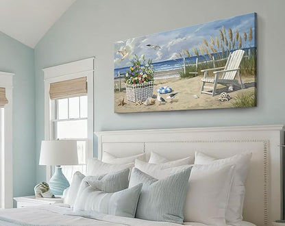 ARTZON Beach Pictures Wall Art – Blue Seascape Extra Large Ocean Scenery Print Floral Decorations Artwork Relaxing Seagulls Canvas Wall-decor for Restroom, Bedroom, Office, 58x29 Inch