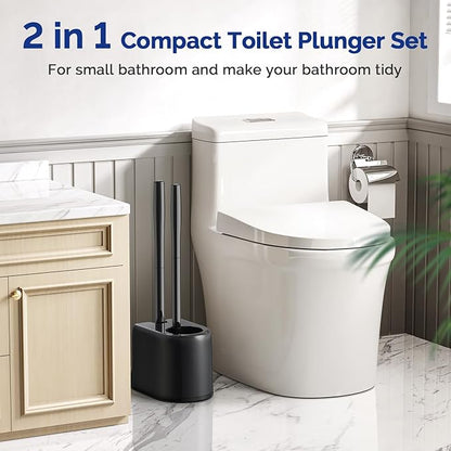 HAMITOR Toilet Plunger and Brush Set for Bathroom Cleaning with Extented Handle - Heavy Duty Toilet Plunger Combo Accessories with Caddy Stand Holder for Small Space - Black