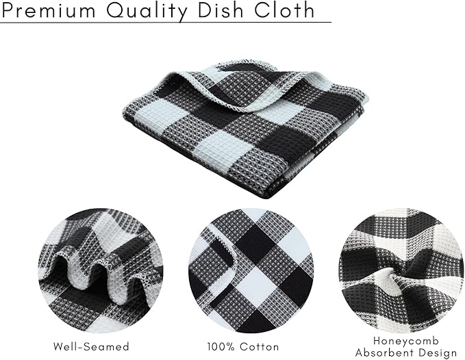 Waffle Weave Plaid Dish Cloths, 100% Cotton - 12 x 12 Inches, Ultra Soft Absorbent Quick Drying Dish Towels Buffalo Check Dish Rags for Kitchen, 6 Pack - Fall Thanksgiving- Black and White