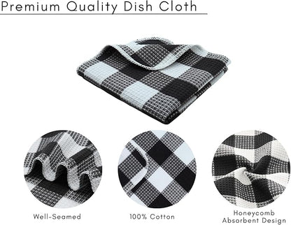 Waffle Weave Plaid Dish Cloths, 100% Cotton - 12 x 12 Inches, Ultra Soft Absorbent Quick Drying Dish Towels Buffalo Check Dish Rags for Kitchen, 6 Pack - Fall Thanksgiving- Black and White