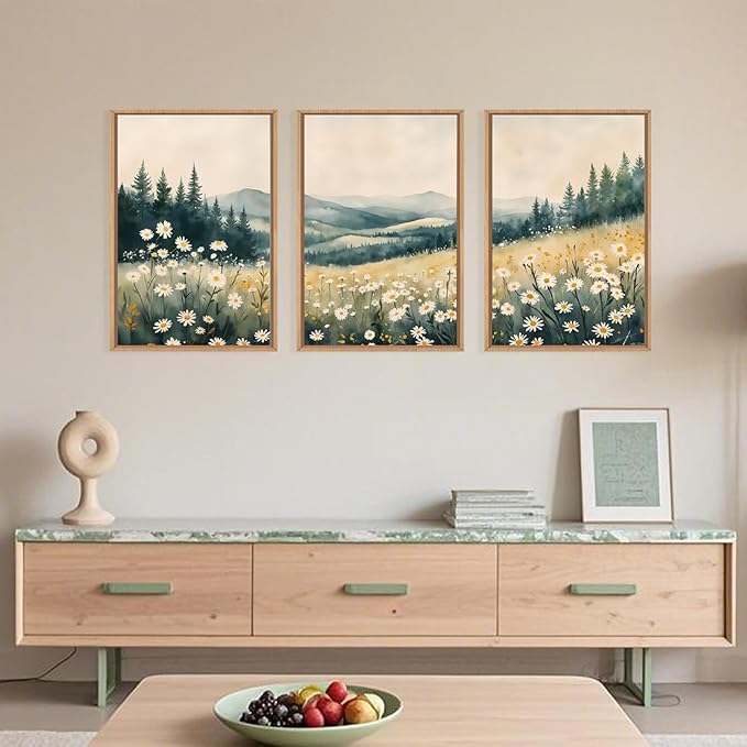 Large Misty Mountain Framed Canvas Wall Art,Nature Daisy Flower Wall Decor,Modern Foggy Forest Wall Painting,Abstract Woodland Landscape Artwork for Living Room,Bedroom,Dining Room-16"x24"x3