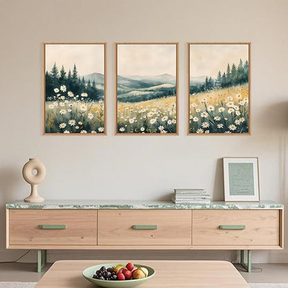 Large Misty Mountain Framed Canvas Wall Art,Nature Daisy Flower Wall Decor,Modern Foggy Forest Wall Painting,Abstract Woodland Landscape Artwork for Living Room,Bedroom,Dining Room-16"x24"x3