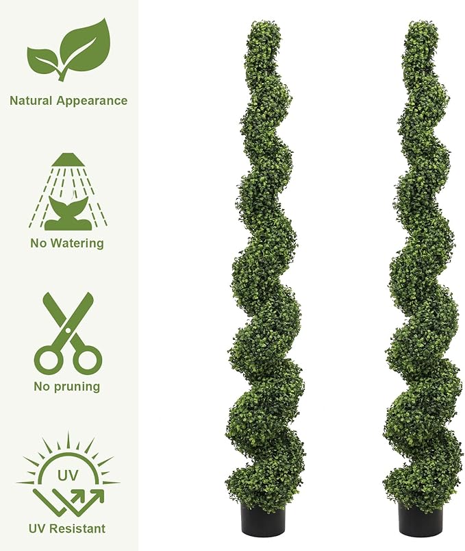 THE BLOOM TIMES 6ft Tall Spiral Topiary Trees Artificial Outdoor Set of 2, Large Faux Boxwood Fake Plants Outside UV Resistant for Front Porch Planter Garden Patio Decor 6 Foot