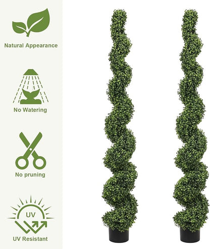 THE BLOOM TIMES 6ft Tall Spiral Topiary Trees Artificial Outdoor Set of 2, Large Faux Boxwood Fake Plants Outside UV Resistant for Front Porch Planter Garden Patio Decor 6 Foot