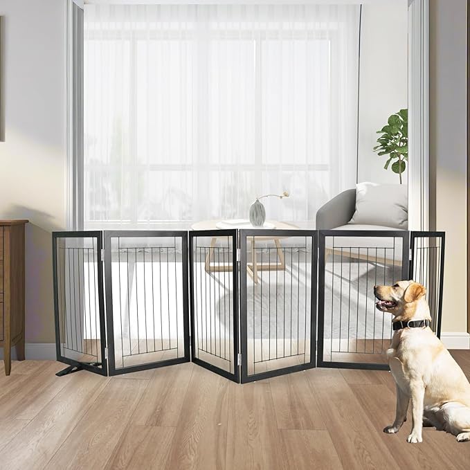 ZJSF Freestanding Dog Gate Indoor, Foldable Dog Fence for Doorways,Hallways or Stairs, Sturdy Wood Extra Wide Pet Gate with Support Feet,Black,32 "Height-6 Panels
