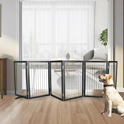 ZJSF Freestanding Dog Gate Indoor, Foldable Dog Fence for Doorways,Hallways or Stairs, Sturdy Wood Extra Wide Pet Gate with Support Feet,Black,32 "Height-6 Panels