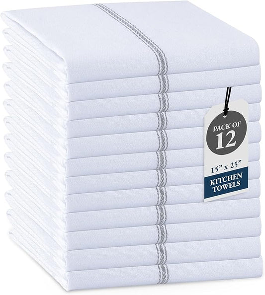 LANE LINEN Kitchen Hand Towels, 12 Pack Dish Towels for Kitchen Drying, 100% Cotton Super Absorbent Tea Towel, Quick Dry, 14"x25", Useful for Cleaning Countertops, Durable for Daily Use - Grey Stripe