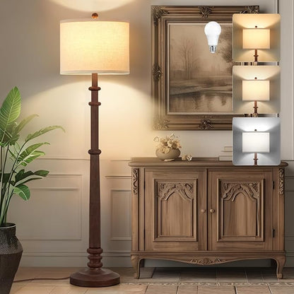 Floor Lamps for Living Room - 60" Resin Farmhouse Floor Lamp with 3 Color Temperatures - Vintage Standing Lamp Reading Light with Linen Shade Tall Lamp for Bedroom Office, Reddish Brown