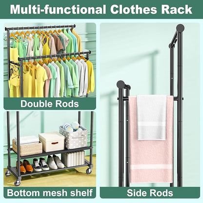 Double Rods Clothes Rack for Hanging Clothes, Heavy Duty Rolling Clothing Rack with Wheels, Freestanding Garment Racks with Oxford Bottom Shelf and Mesh Bottom Shelf for Bedroom Laundry Living Room