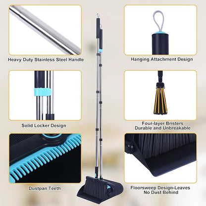 Upgrade Broom with Dustpan Combo Set Heavy Duty, Ergonomic Adjustable Handle, Cleaning Teeth, Ideal for Pets, Indoor and Outdoor Sweeping（Black）