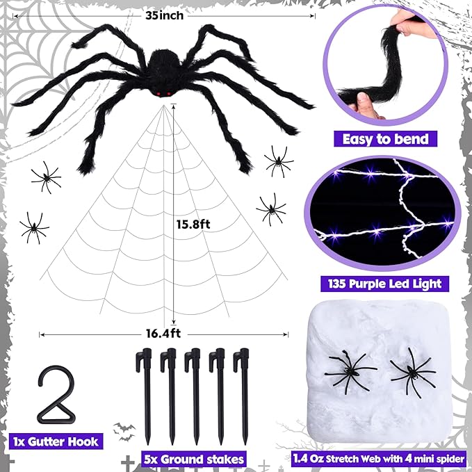 Spider Web Halloween Decorations Outdoor Lights 16.4 ft 135 LED Purple Light up Giant with Scary Realistic Spider, Stretch for Decoration Outdoor Haunted House