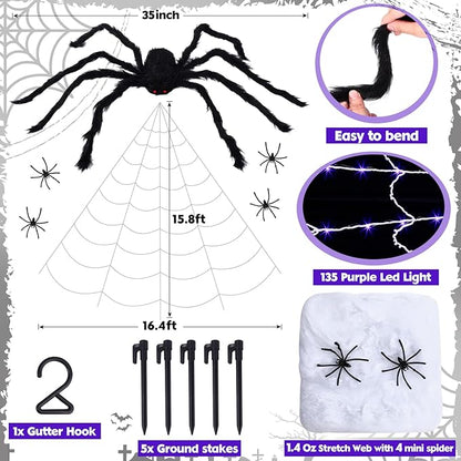 Spider Web Halloween Decorations Outdoor Lights 16.4 ft 135 LED Purple Light up Giant with Scary Realistic Spider, Stretch for Decoration Outdoor Haunted House