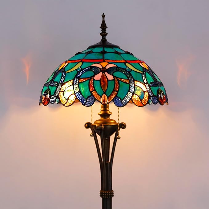 Tiffany Floor Lamp Blue Green Stained Glass Jewelry Baroque Standing Reading Light 16X16X70 Inches Antique Pole Corner Lamp Decor Bedroom Office Living Room