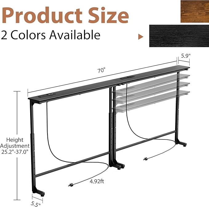 GRLEAF 2 Pack Adjustable Height Narrow Console Table with Power Outlets, 70" Long Sofa Table with Charging Station Behind Couch Table Entryway Table for Living Room and Hallway – Black