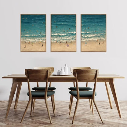 HLNIUC Summer Beach Canvas Wall Art,Modern Minimalist Coastal Landscape Wall Decor Set of 3(16”x24”) Blue Abstract Ocean Painting, Summer Swimming in the Sea Art Print for Living Room,Bathroom