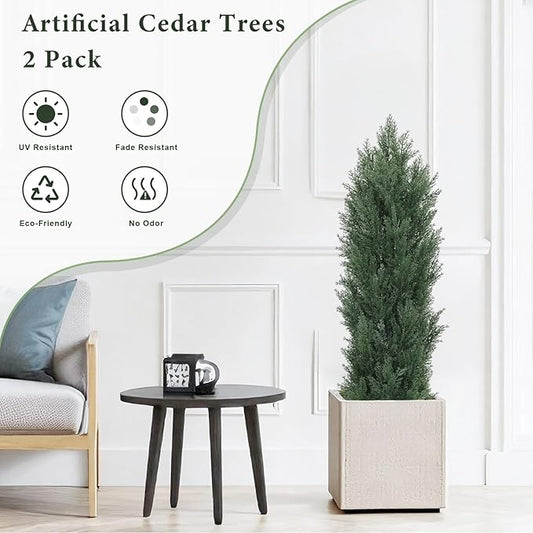 THE BLOOM TIMES 3ft Topiary Trees Artificial Outdoor Set of 2, UV Resistant Faux Cedar Pine Cypress Bushes & Shrubs, Fake Plants for Front Porch Outside Planter Patio Christmas Decor 3 Foot Tall
