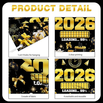 New Years Eve Party Backdrop for 2026, Gold Happy New Year Photo Background Great New Yeras Decorations for Outdoor Indoor Home Wall 7x5ft