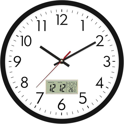 Lumuasky Wall Clock Digital 12" Non-Ticking Silent Battery Operated Analog with LCD Display for Perpetual Calendar and C° Temperature, Ideal Modern Home, Bedroom, Kitchen, Office Decor