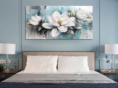 Ardemy Magnolia Wall Art for Living Room, Extra Large White Floral Canvas Wall Art Bedroom Painting Pictures Wall Decor Teal Flower Artwork for Walls Home Office Dining Room, 40"x20"