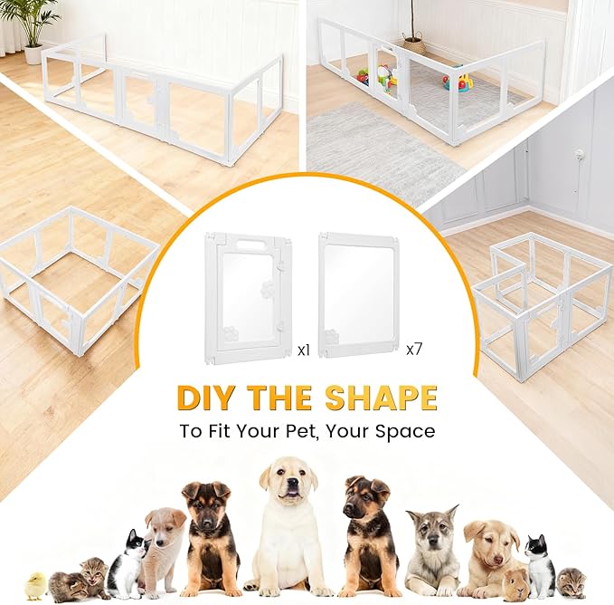 WICHEMI 8 Panel Indoor Dog Playpen, Acrylic Clear Puppy Playpen, 23.6" H Cat Play Pen with Double Door Lock, Paw Print Design Pet Playpen with Suction Cup, White