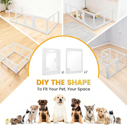 WICHEMI 8 Panel Indoor Dog Playpen, Acrylic Clear Puppy Playpen, 23.6" H Cat Play Pen with Double Door Lock, Paw Print Design Pet Playpen with Suction Cup, White