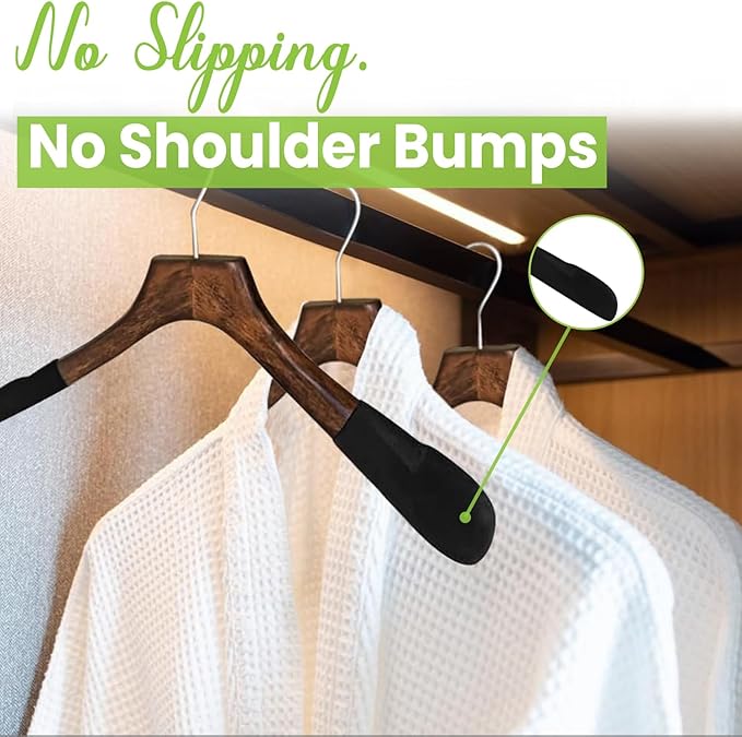 Premium Luxe Wood Coat Hangers, Wide Shoulder Wooden Jacket Hangers with Velvet Grip, Heavy Duty Luxury Hangers for Coats & Blazers, Mahogany with Black Velvet, 12 Pack