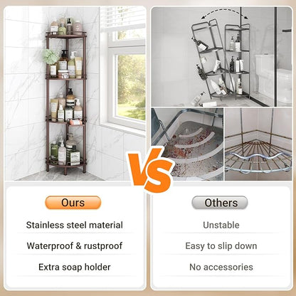 ELYKEN Corner Shower Caddy Standing, 4 Tier Rustproof Metal Shower Organizer with Soap Holder, Floor Shower Corner Shelf Rack Storage Stands with Adjustable Feet & 2 Hooks for Bathroom, Bronze