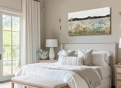 Large Wall Art for Living Room Farmhouse Wall Decor, Modern Boho Vintage Organnic Country Rustic Cottagecore Neutral Landscape Artwork with Mountains Bicycle Flower, Floral Picture Bedroom Kitchen