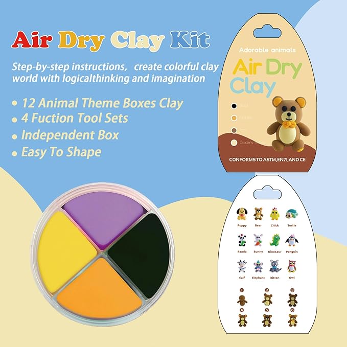 Air Dry Clay Kit for Kids - Animal Themed,12 Animals DIY Molding Clay Art Crafts Set for Kids Girls Boys Valentines Gifts Party Favors Classroom School Exchange Prize (Animal)