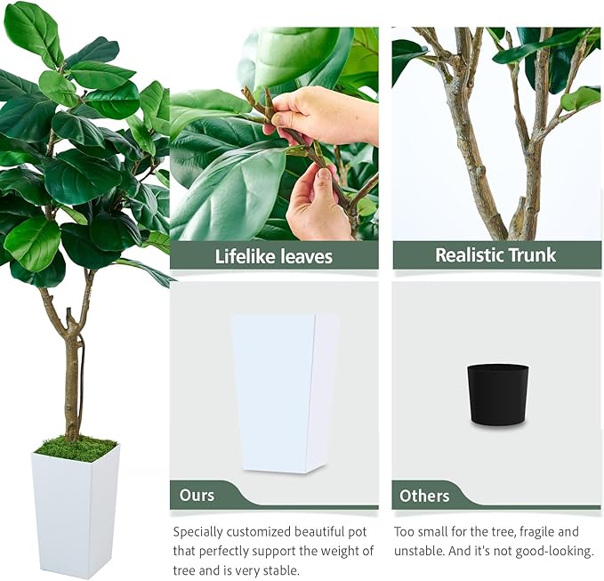 Fiddle Leaf Fig Tree, 6ft Artificial Tree with White Tall Planter, Large Faux Plants Indoor, Fake Fig Tree in Pot for Home Office Bedroom Living Room Decor Garden Outdoor Housewarming Gift