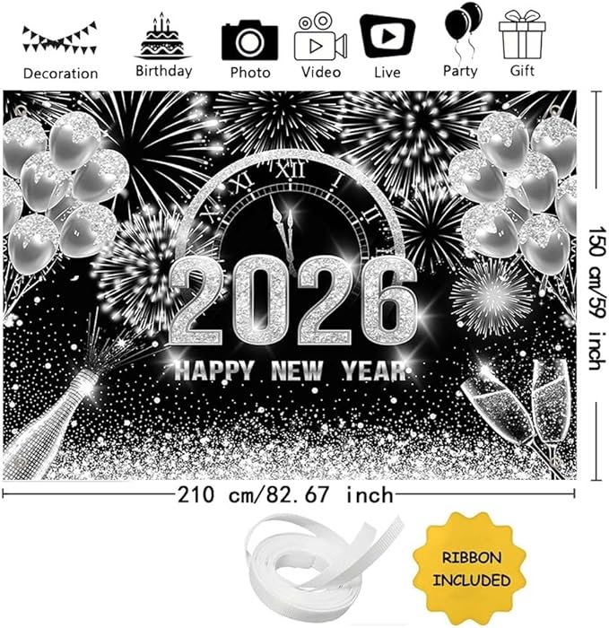 MEHOFOND 7x5ft Black and Silver 2026 Happy New Year Backdrop Hello 2026 New Year Eve Party Photography Background Champagne Balloon Fireworks Glitter Dots Cheers to 2026 Decor Banner Photo Booth Props