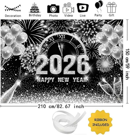 MEHOFOND 7x5ft Black and Silver 2026 Happy New Year Backdrop Hello 2026 New Year Eve Party Photography Background Champagne Balloon Fireworks Glitter Dots Cheers to 2026 Decor Banner Photo Booth Props