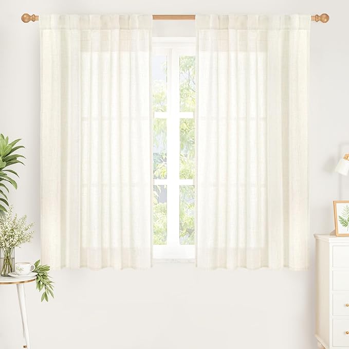 YoungsTex Ivory Linen Curtains 48 Inch Length for Kitchen, Light Filtering Semi Sheer Short Window Drapes Rod Pocket Back Tab Curtain for Cafe Living Room, 2 Panels, 42 X 48 Inch