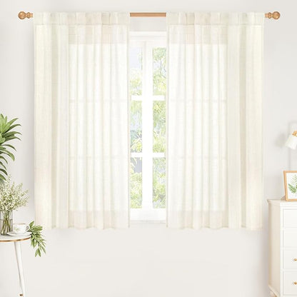 YoungsTex Ivory Linen Curtains 48 Inch Length for Kitchen, Light Filtering Semi Sheer Short Window Drapes Rod Pocket Back Tab Curtain for Cafe Living Room, 2 Panels, 42 X 48 Inch