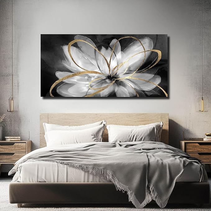 SOUGUAN Room Decor Floral Wall Art 24"x48" botanical Painting Black Art for Living Room Kitchen Dining Room Home Office