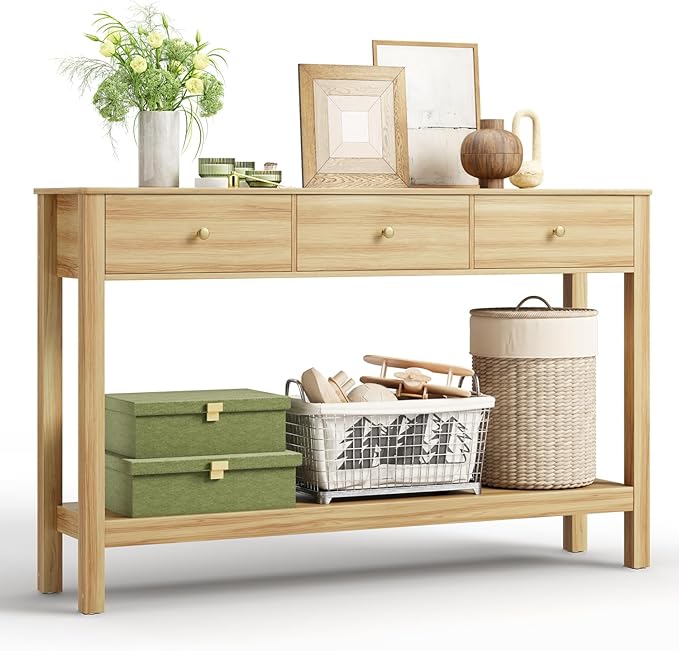 Gizoon 3 Drawer Sofa Table with, Modern Accent Console Table with Open Shelf, for Living Room, Front Hall, Entrance Hall, Study Room, Oak Color