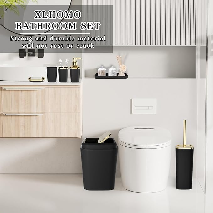 Bathroom Accessories Set - Black Bathroom Set, 9PC Bathroom Accessory Set with Trash Can, Toilet Brush, Qtip Holder Dispenser & Soap