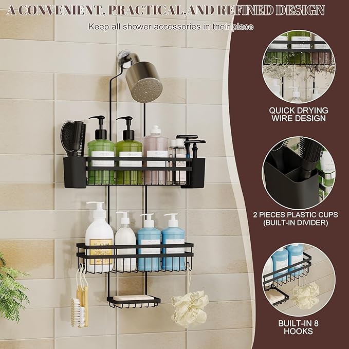 Shower Caddy Hanging for Bathroom Organizers and Storage, Adjustable Anti-Swing Shower Organizer for Wall-Mounted Showerhead with Heavy-Duty Suction Cups, Damage-Free Rustproof (Black)